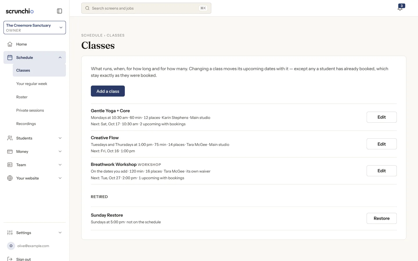 The Classes screen of the admin: each class with its day, time, length, places and teacher, and an Edit button.