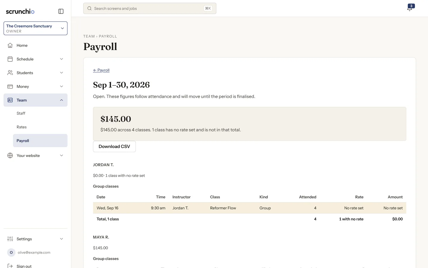 The Payroll screen for one pay period: the total owed, a Download CSV button, and each teacher’s classes with attendance, rate and amount.