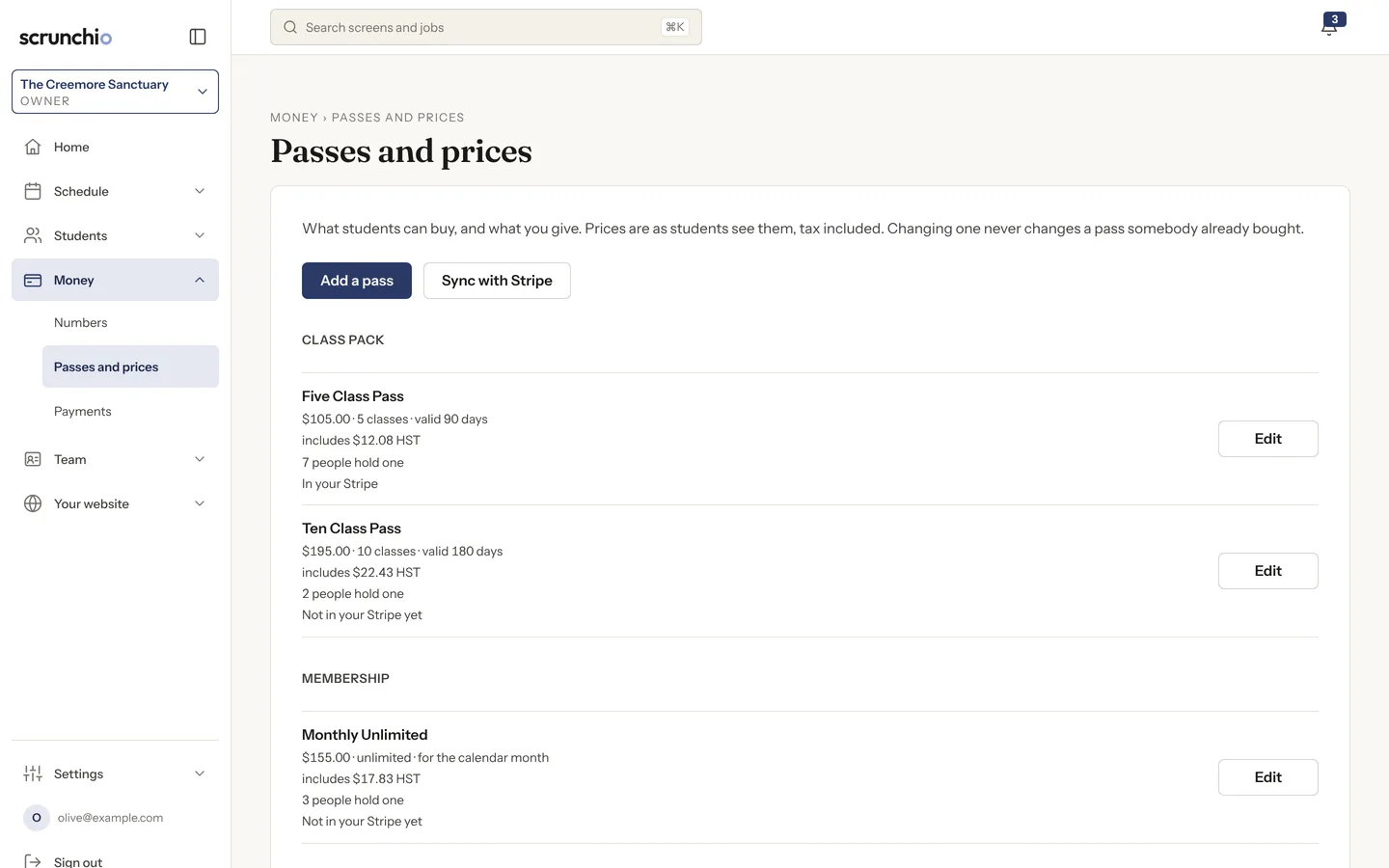 The Passes and prices screen: a five-class pass, a ten-class pass and a monthly unlimited membership, each with its price, tax and how many people hold one.