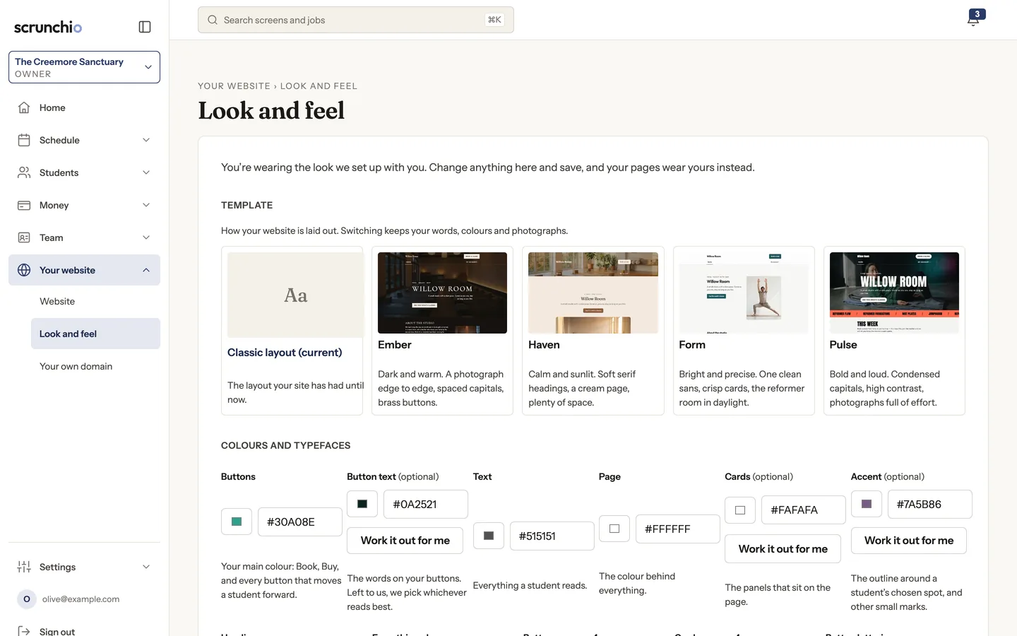 The Look and feel screen: five layouts to choose from, then colour pickers for buttons, text, page and cards, each with a Work it out for me button.